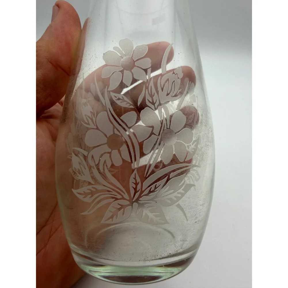 Pasabahce Turkey Frosted Floral Etched Clear Glass Vase Quality‎ Glass F306